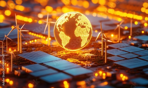 Global sustainable energy wind and solar power generating clean energy.  Use Environmental awareness campaign photo