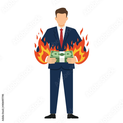 A Faceless Man In A Suit Holds Money Engulfed In Flames Illustrating Financial Risk And Pressure