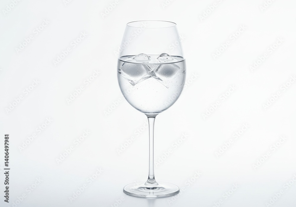 Clear wine glass containing water and ice cubes against a plain white background in studio shot Clear wine glass containing water and ice cubes against a plain white background in studio shot