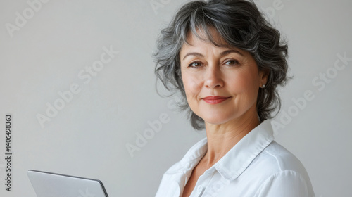 Realistic close-up of a friendly professional woman in her 40s or 50s, holding a laptop, neat business shirt