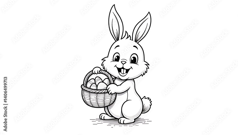 Outline drawing of a smiling Easter bunny holding an egg basket. Perfect for coloring page with black lines, no colors, isolated on white background. Outline drawing of a smiling Easter bunny holding an egg basket. Perfect for coloring page with black lines, no colors, isolated on white background.