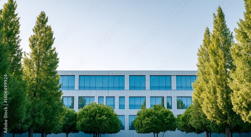 Modern Office Building Surrounded by Lush Green Trees and Blue Windows Under Clear Sky