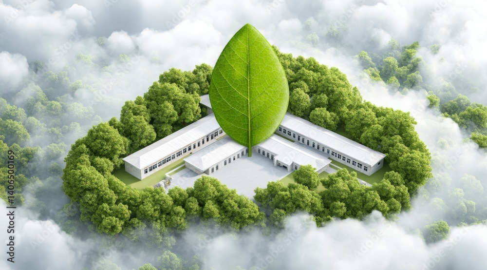 Eco-Friendly Building Surrounded by Lush Greenery and Symbolic Leaf Representation