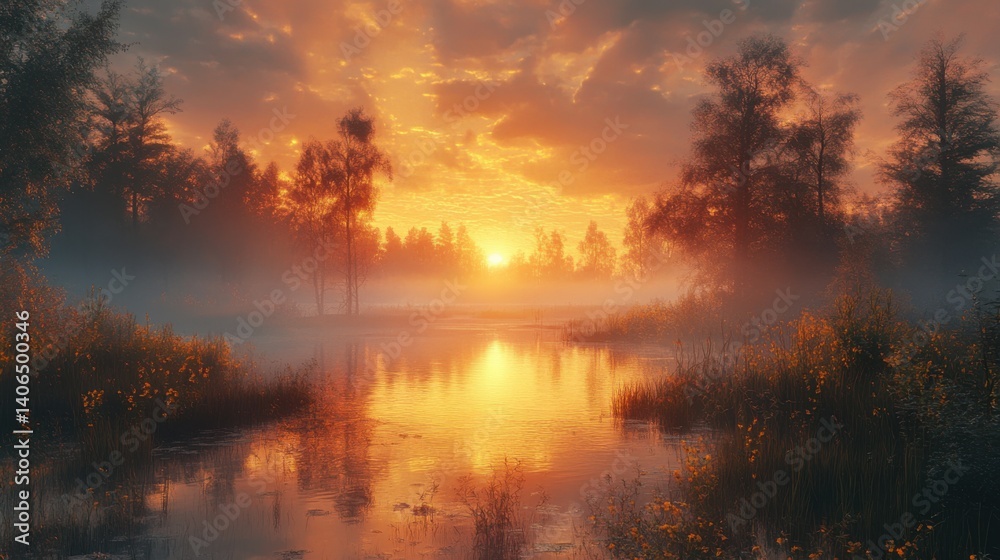 A serene landscape at sunset, featuring a misty river surrounded by trees and illuminated by warm golden light. A serene landscape at sunset, featuring a misty river surrounded by trees and illuminated by warm golden light.