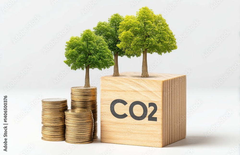 Surreal Photograph of Coins with Trees on Top Representing Environmental Sustainability Concept