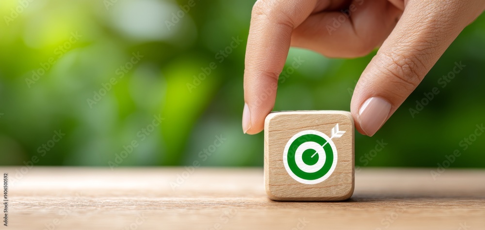 Business Hand Placing Wooden Block with Target Icon on Table for Goal Setting Concept