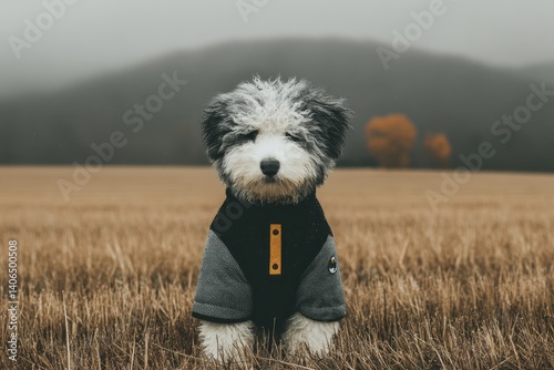 Fluffy puppy in a winter coat, centered in a golden field. photo