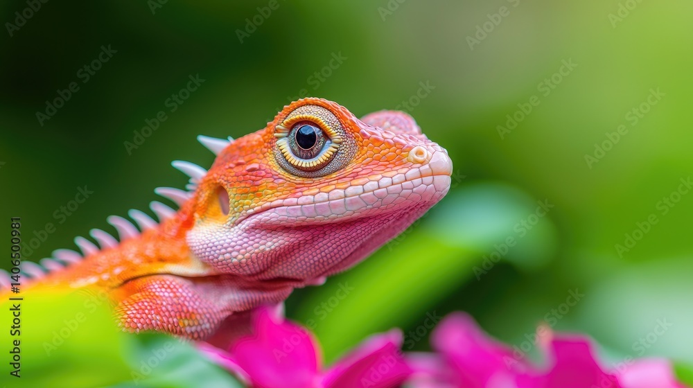 Obraz premium Close-up of a vibrant orange and pink lizard among pink flowers