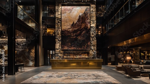 Exploring luxury ambiance five-star urban hotel lobby design stone and brass elements modern elegance