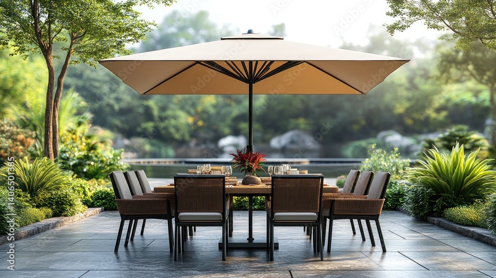 Obraz premium Patio dining set featuring a table, chairs, and a square umbrella on a white backdrop