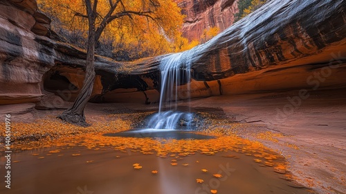 Autumnal waterfall cascading into a pool beneath a lone tree in a sandstone canyon. photo