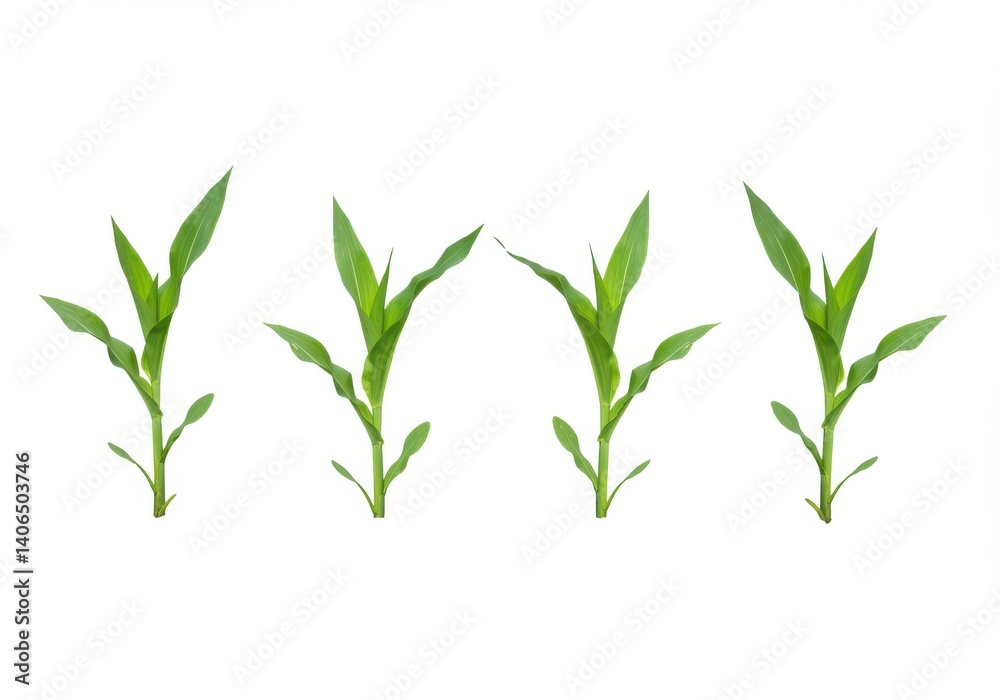 Obraz premium Four corn plants with green leaves isolated on a white background in a studio shot view image