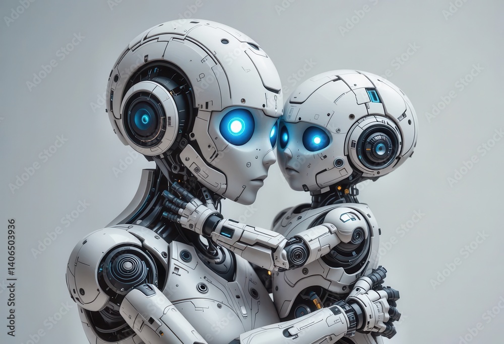Unique celebration of Mother's Day featuring futuristic robot mother and child embracing Unique celebration of Mother's Day featuring futuristic robot mother and child embracing