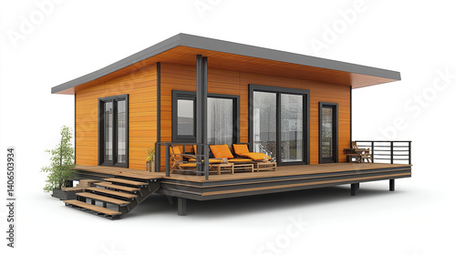 Modern prefabricated house with wooden exterior and deck