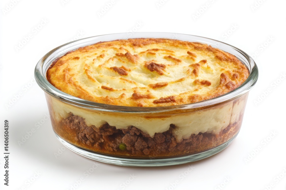 A delicious and comforting shepherd's pie in a transparent glass dish, isolated on a clean white background. Apple pie with cinnamon. Baked apple pie A delicious and comforting shepherd's pie in a transparent glass dish, isolated on a clean white background. Apple pie with cinnamon. Baked apple pie