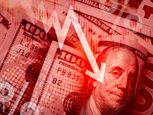 Wallpaper Mural Down stock market, dollar weakens, business financial, inflation, online Investment concept. Fall arrow stock graph data with percentage icon on American dollars cash bill banknote, red background. Torontodigital.ca