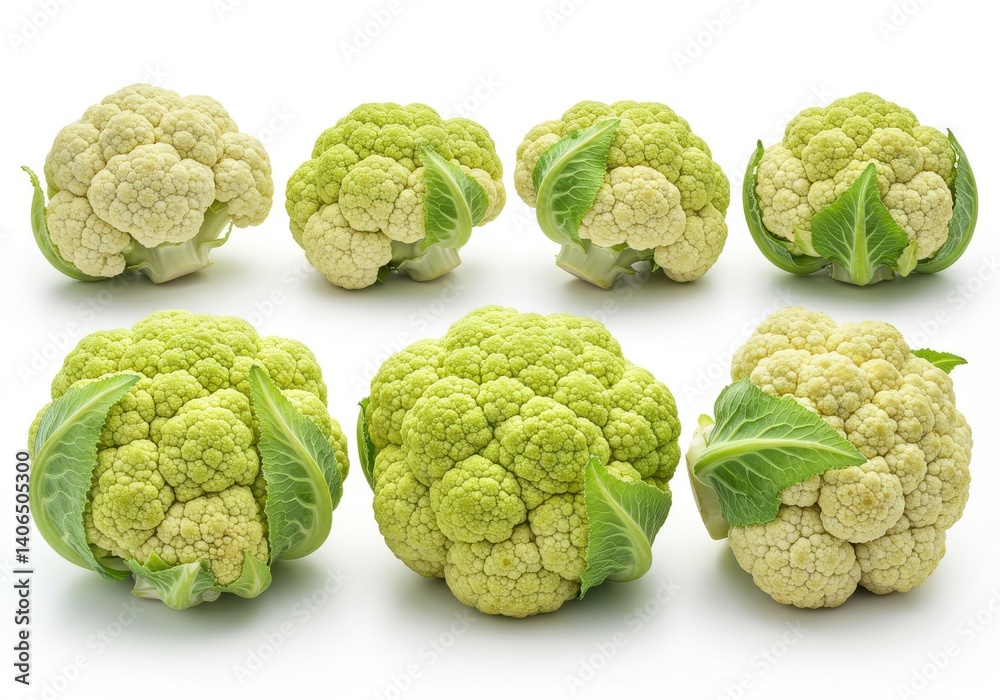 Fototapeta premium Seven cauliflower heads arranged on a white surface in a studio with natural lighting setup