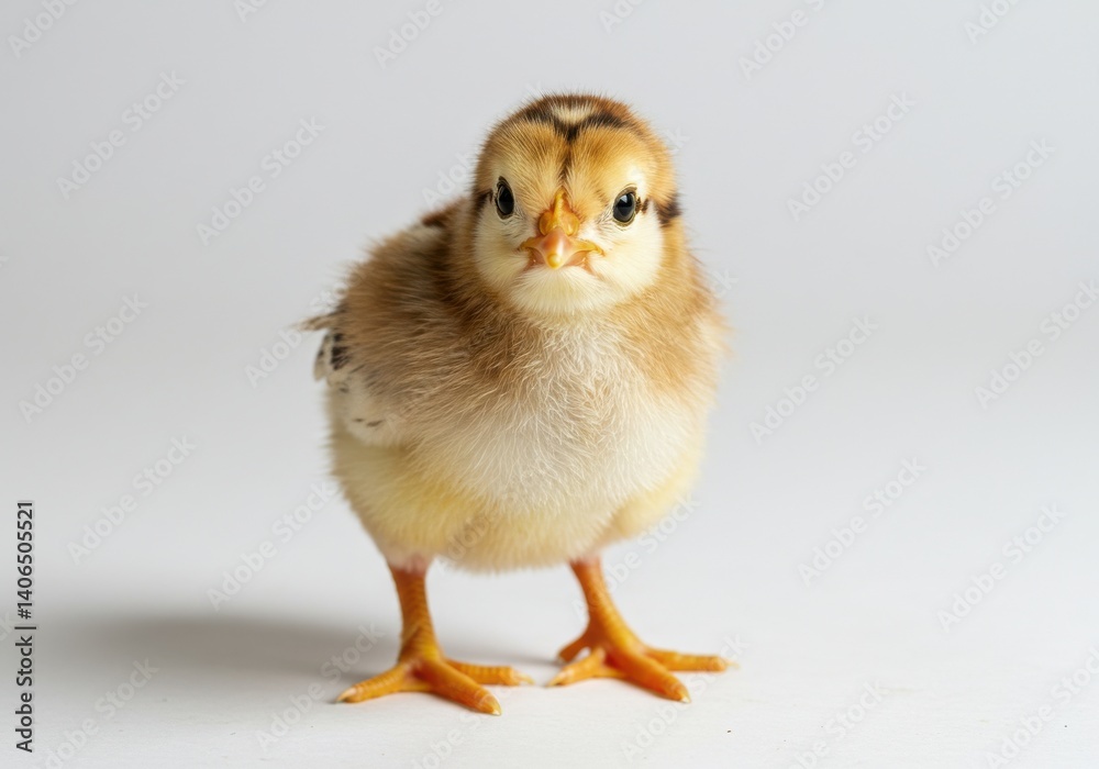 Obraz premium A small fluffy chick standing on a white surface looking directly at the camera with a curious expression