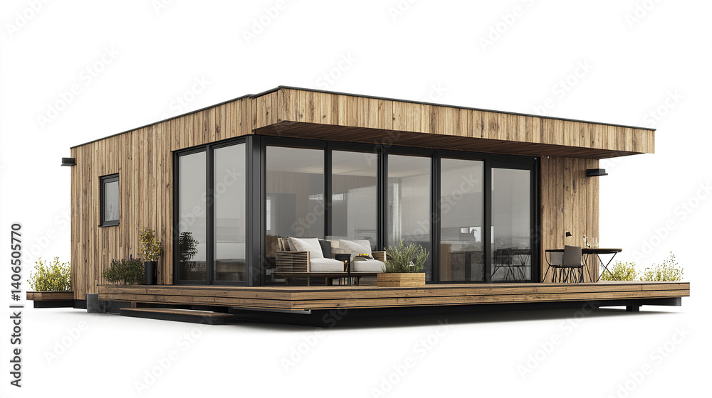 Fototapeta premium Modern prefabricated house with wooden exterior and large windows
