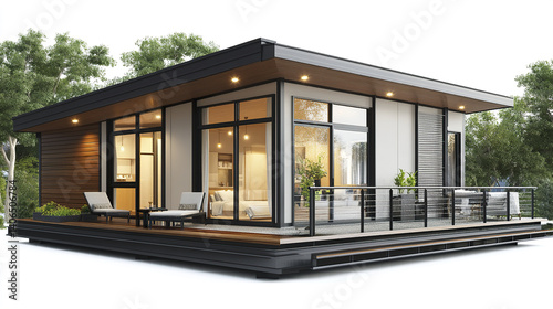 Modern prefabricated house with large windows and deck