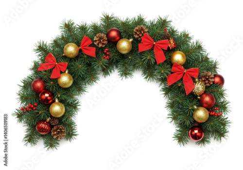 Wallpaper Mural A christmas garland with red bows gold ornaments and pine cones on a white isolated background Torontodigital.ca