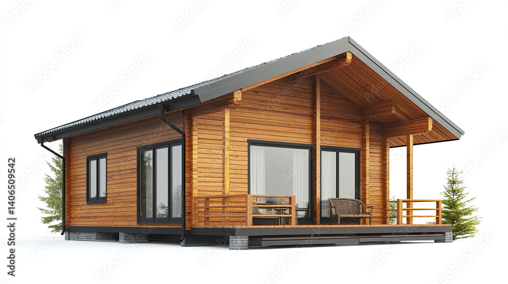 Wooden prefabricated house with porch and large windows Wooden prefabricated house with porch and large windows