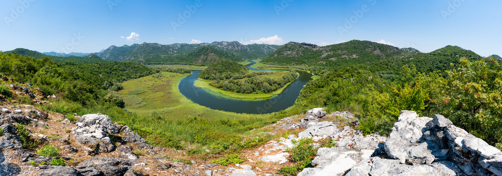 River Rijeka Crnojevića (River of Crnojević) flowing in the mountains near the Lake Skadar in Montenegro, as seen from the opposite bank of the Pavlova Strana viewpoint