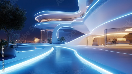 Futuristic Mansion at Night:  A Vision of Modern Architecture and Cityscape