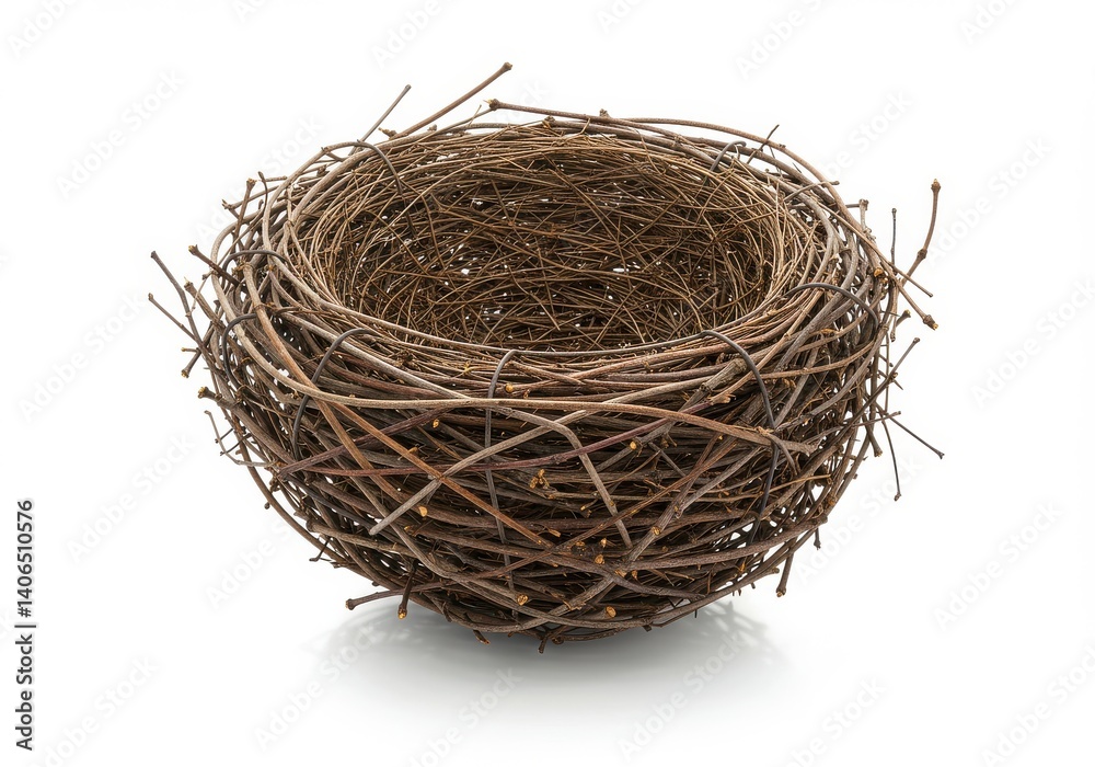 Obraz premium A bird's nest made of twigs and branches is isolated on a white background in a studio shot