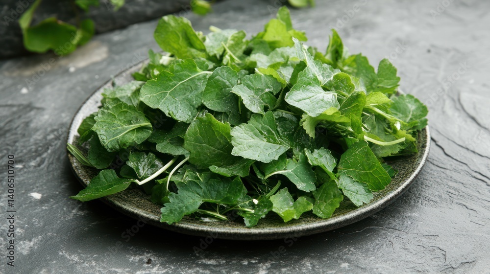 Vibrant leafy greens on a round plate evoke images of freshness and health Vibrant leafy greens on a round plate evoke images of freshness and health
