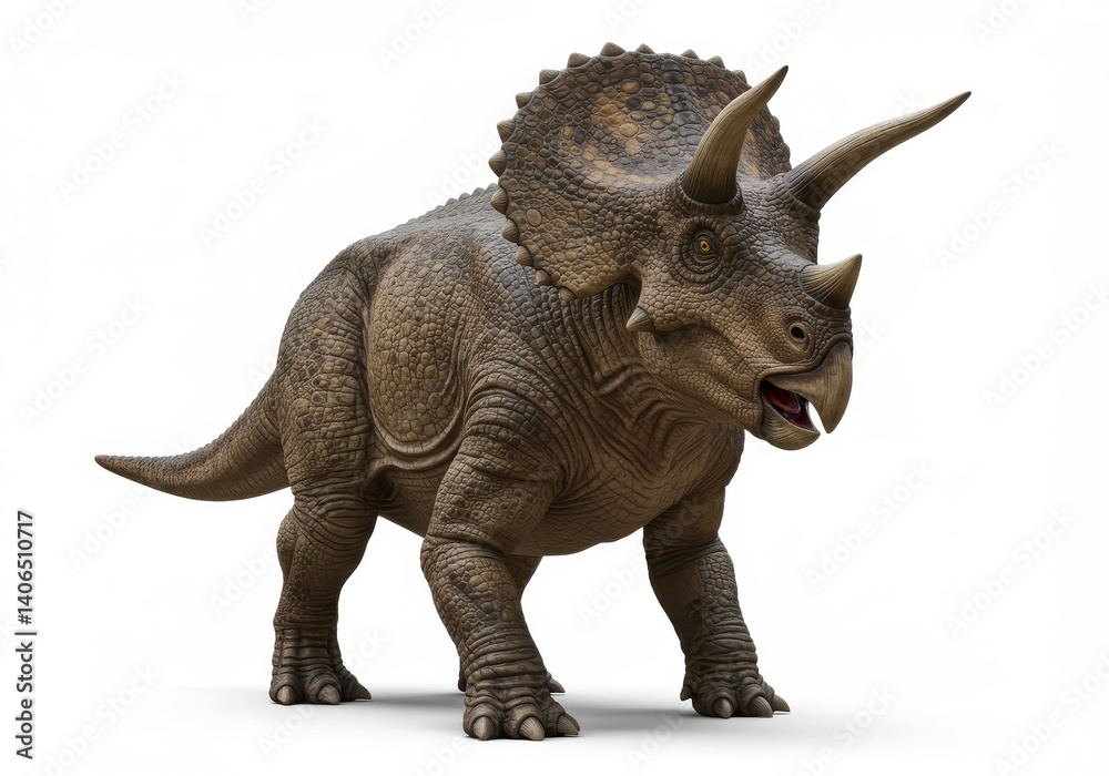 Fototapeta premium Full body shot of a triceratops dinosaur with horns and frill standing on a white background plain studio