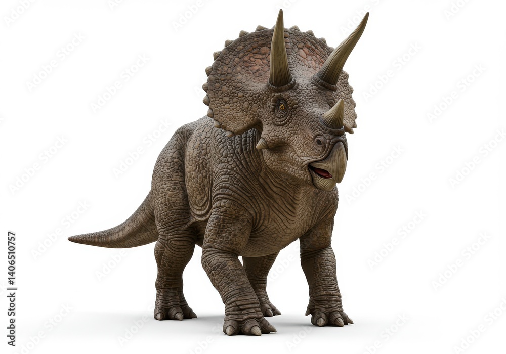 Fototapeta premium A full body shot of a triceratops dinosaur standing on a white background with its tail visible