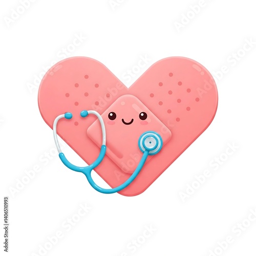 a playful band-aid forming a heart shape, with a small stethoscope nestled inside. 