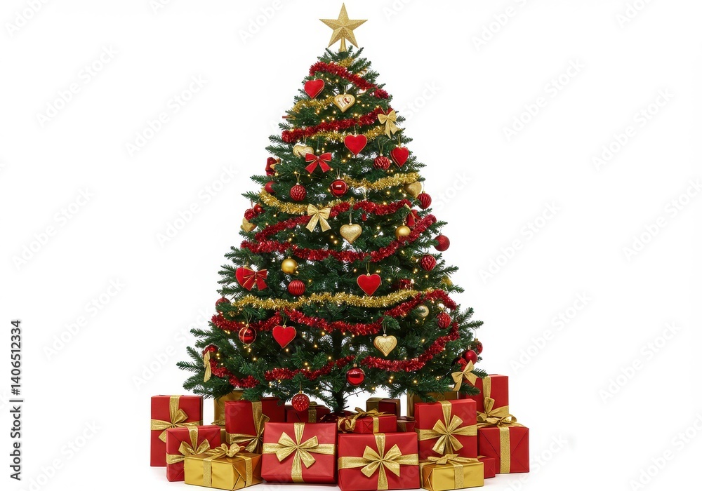 Decorated christmas tree with star topper and presents on a white background for the holiday season Decorated christmas tree with star topper and presents on a white background for the holiday season
