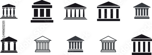 Classical Building Icons: Minimalist Line Art Architectural Symbols