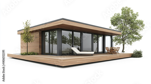 Modern prefabricated house with wooden deck and trees