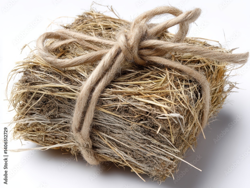 Golden hay ball suspended on rope, a rustic farm scene Golden hay ball suspended on rope, a rustic farm scene