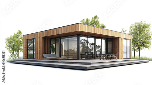 Modern prefabricated house with wooden exterior and large windows