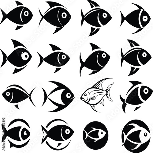 This vector set features a collection of fish icons, each designed in a sleek black silhouette style. The icons highlight intricate details, particularly in the eyes, 