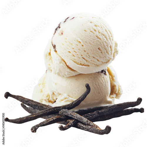 scoop of delicious vanilla ice cream and vanilla pods isolated on white or transparent background