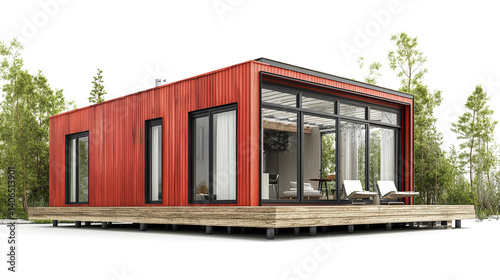 Modern red prefabricated house with large windows and wooden deck