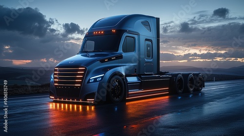A majestic container truck, its sleek lines reflecting the golden hues of a setting sun, navigates a highway bathed in soft blue light, its cargo destined for global markets, symbolizing the 