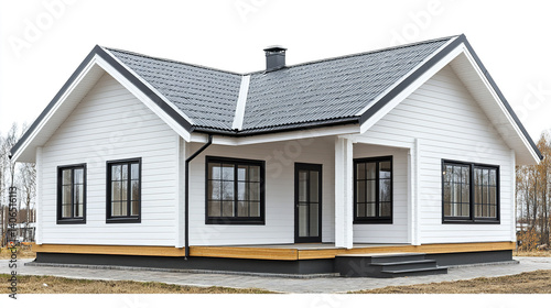 Modern prefabricated house with white siding and black roof