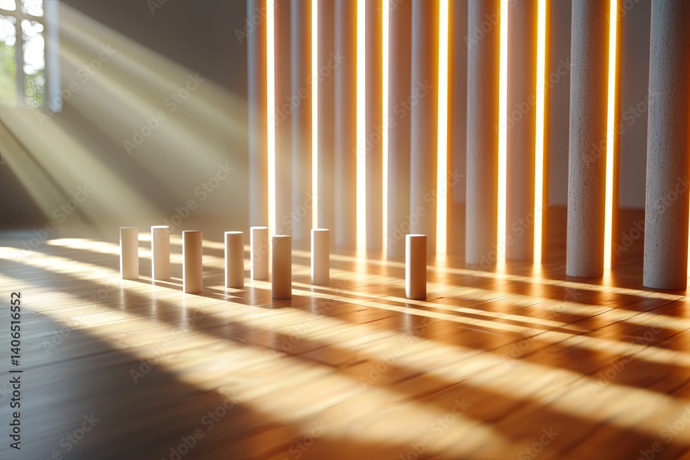 Obraz premium Abstract Composition of Light and Shadows with Wooden Cylinders and Vertical Columns in a Bright Interior Space
