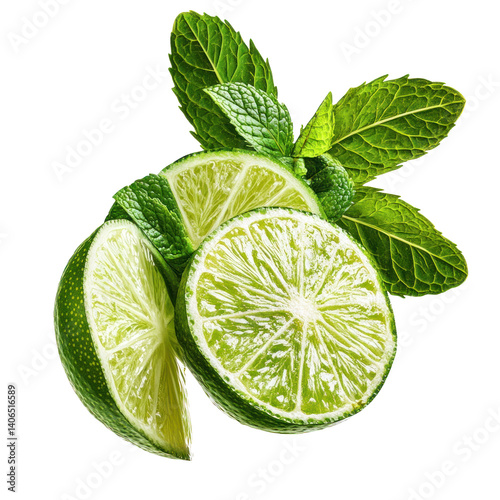 sliced lime and mint leaves isolated on white or transparent background