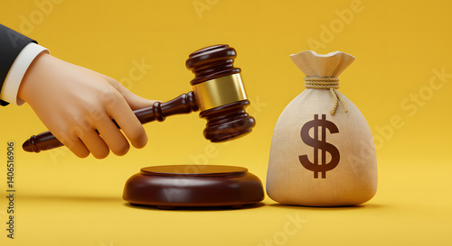 Money bag and judge's hammer. Penalty for a crime and offense. Financial punishment. Violations of traffic laws.