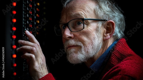 A skilled technician's hand, calloused and adept, meticulously adjusts a high-tech heating element within the intricate workings of an old electric boiler or furnace, his brow furrowed in concentratio