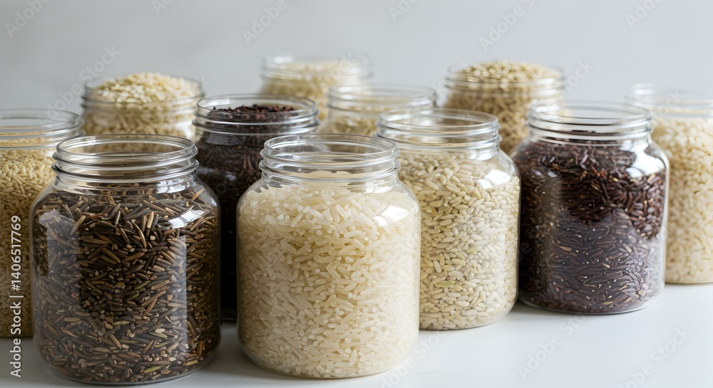 Plastic jars with different rices on white Rice collection photo Plastic jars with different rices on white Rice collection photo