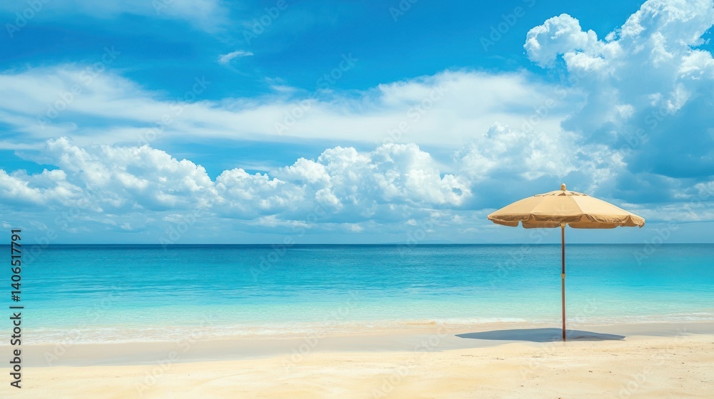 Idyllic tropical beach scene with turquoise water and a solitary parasol Idyllic tropical beach scene with turquoise water and a solitary parasol