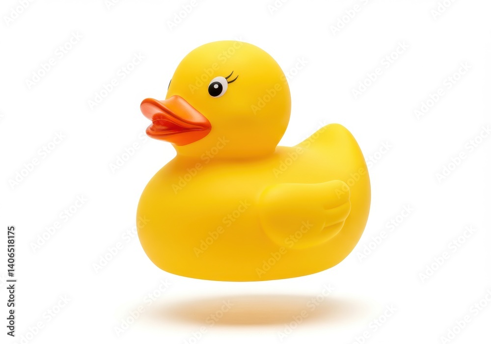 A single yellow rubber duck with an orange beak and eyelashes on a white background is shown A single yellow rubber duck with an orange beak and eyelashes on a white background is shown